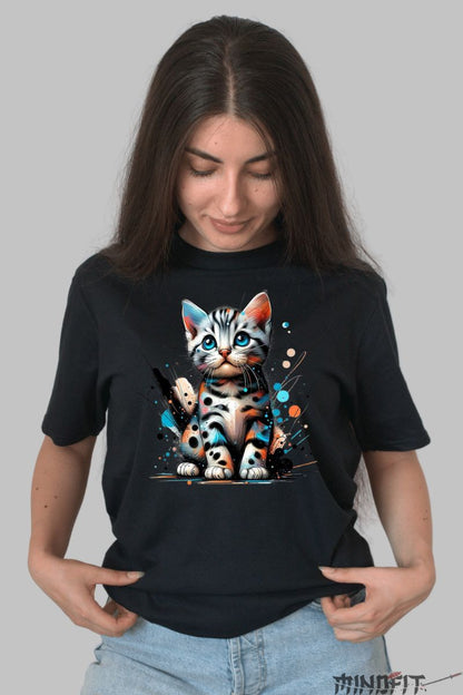 Tricou cu Pisica Miaumiau Multicolora dama negru fata