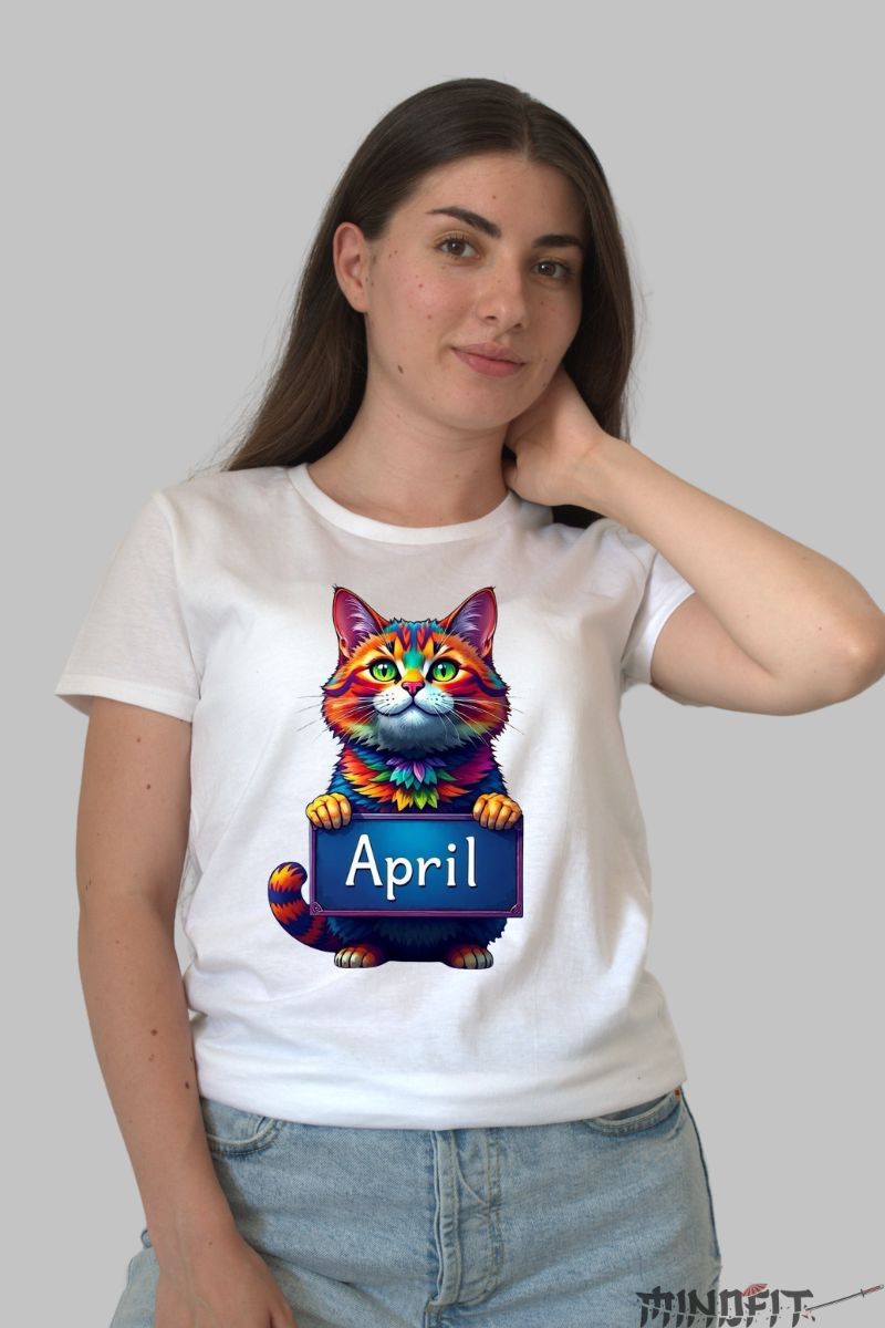 Tricou cu Pisica Multicolora "April" dama alb fata