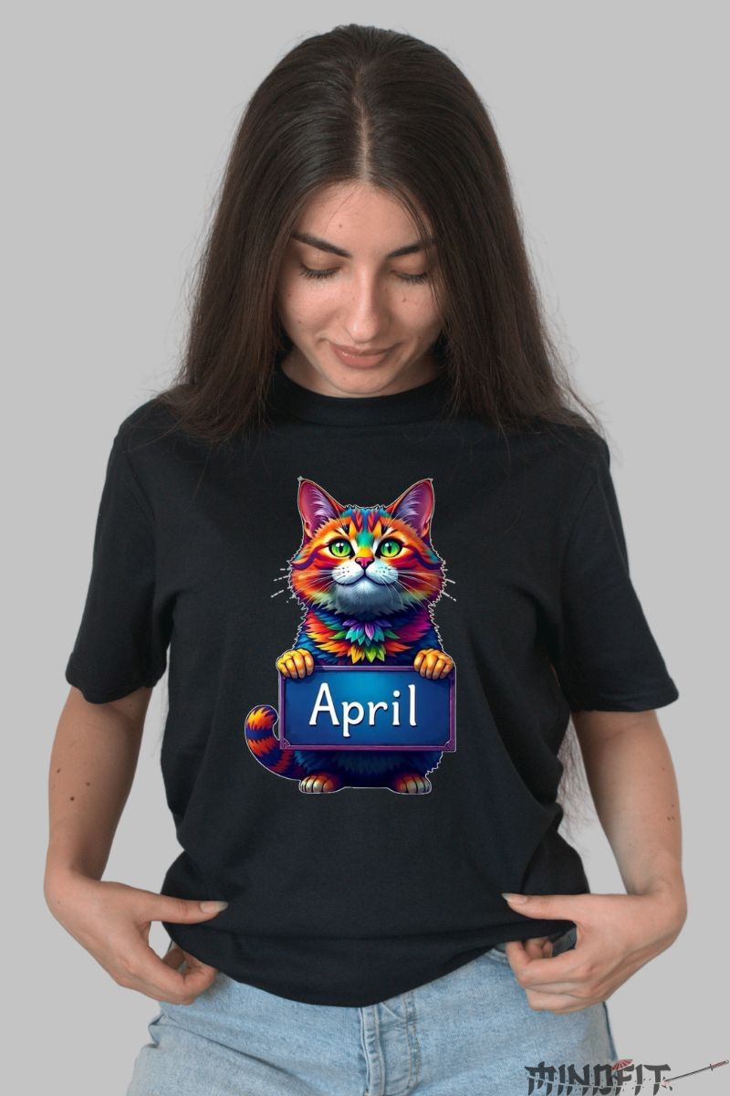 Tricou cu Pisica Multicolora "April" dama negru fata