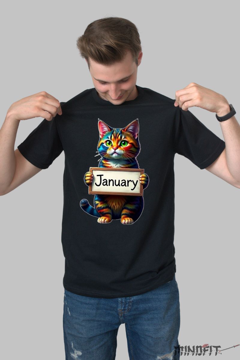 Tricou cu Pisica Multicolora "January" barbat negru fata