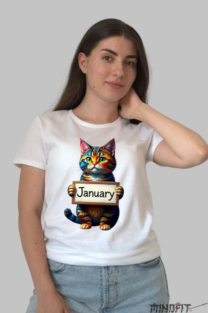 Tricou cu Pisica Multicolora "January" dama alb fata