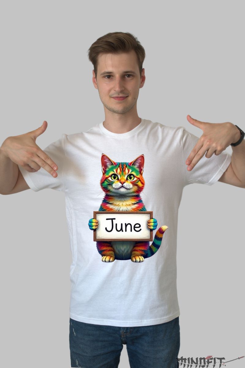 Tricou cu Pisica Multicolora "June" barbat alb fata