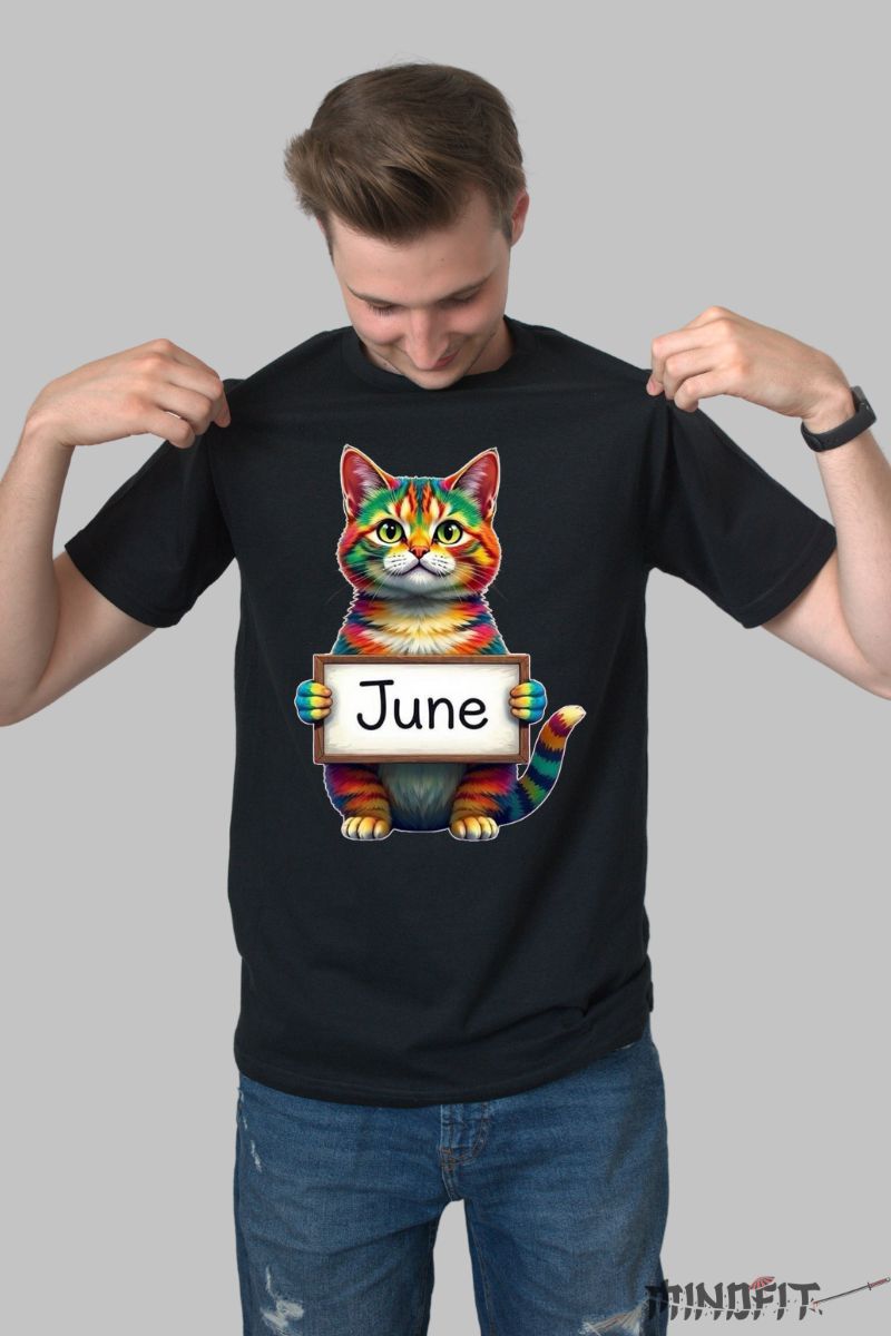 Tricou cu Pisica Multicolora "June" barbat negru fata