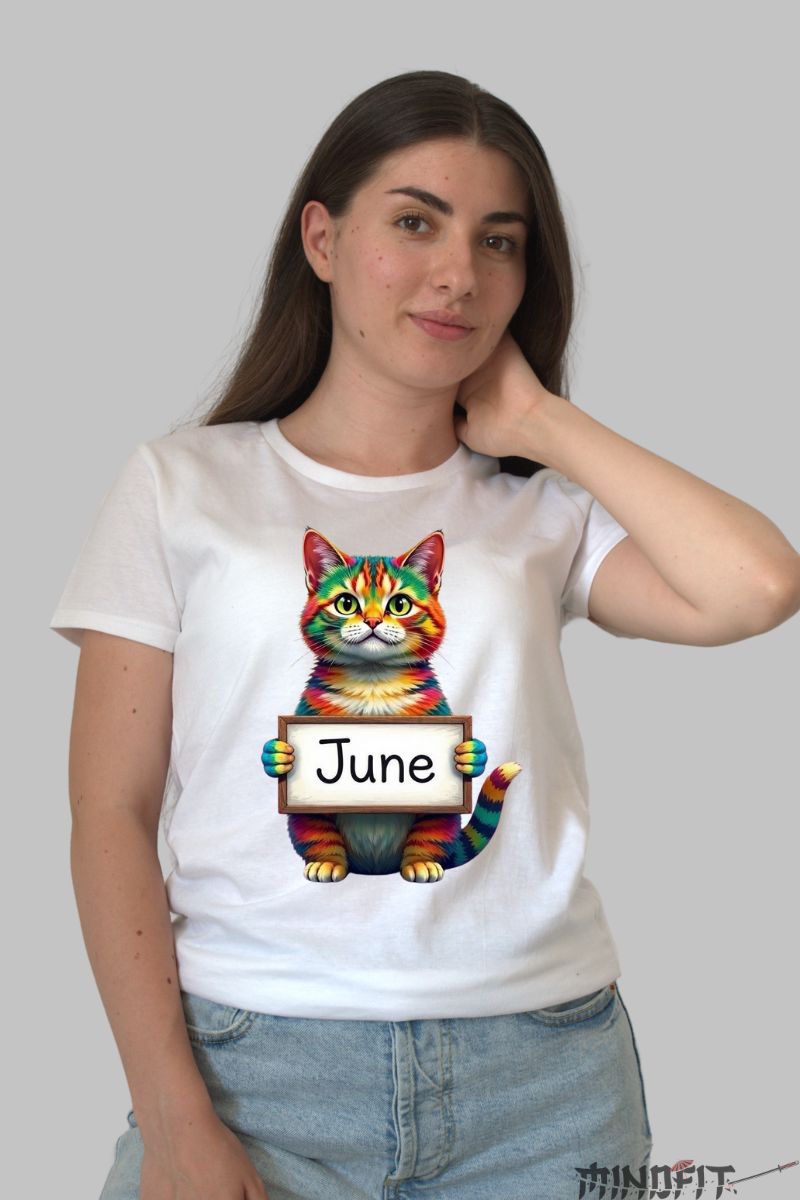 Tricou cu Pisica Multicolora "June" dama alb fata