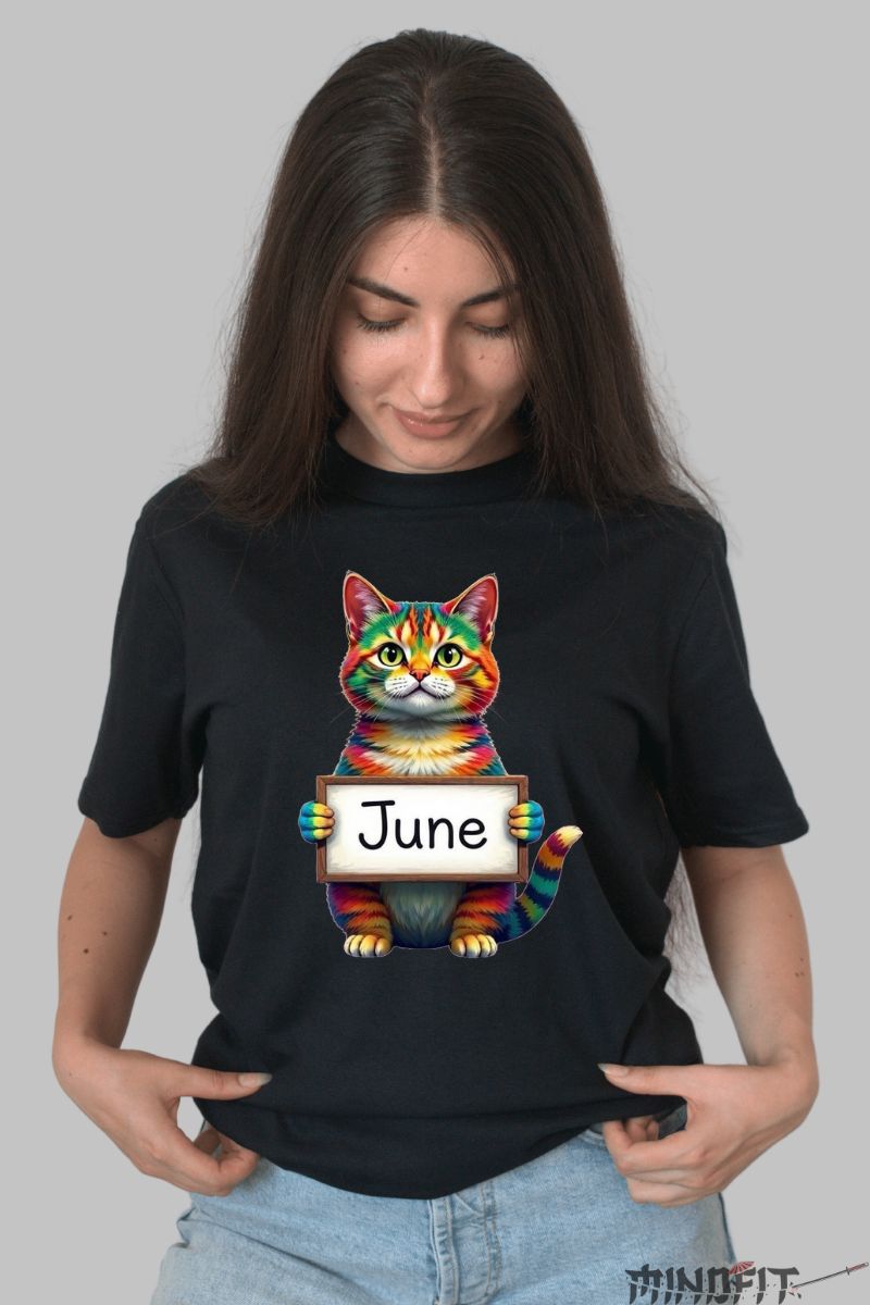 Tricou cu Pisica Multicolora "June" dama negru fata