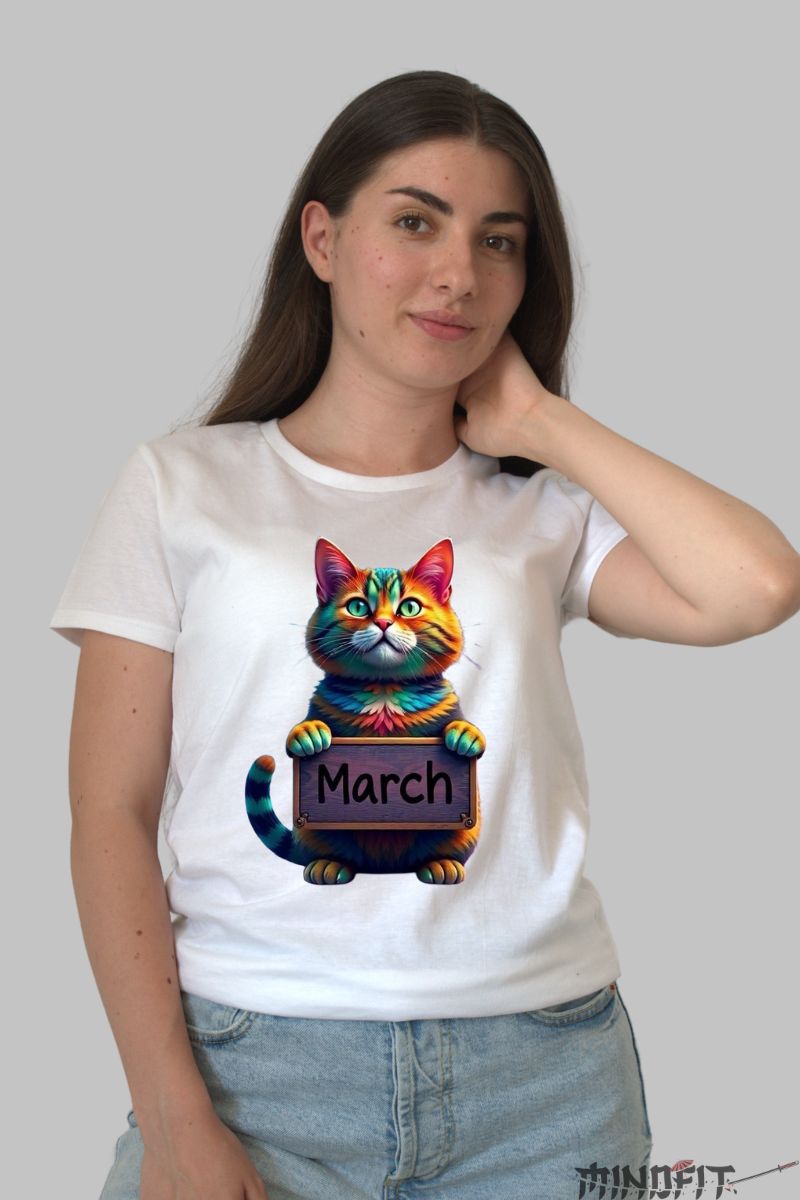 Tricou cu Pisica Multicolora "March" dama alb fata