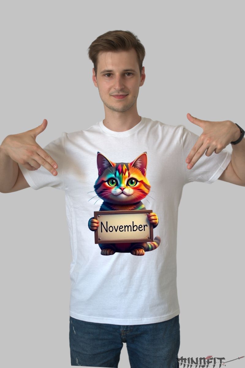 Tricou cu Pisica Multicolora "November" barbat alb fata