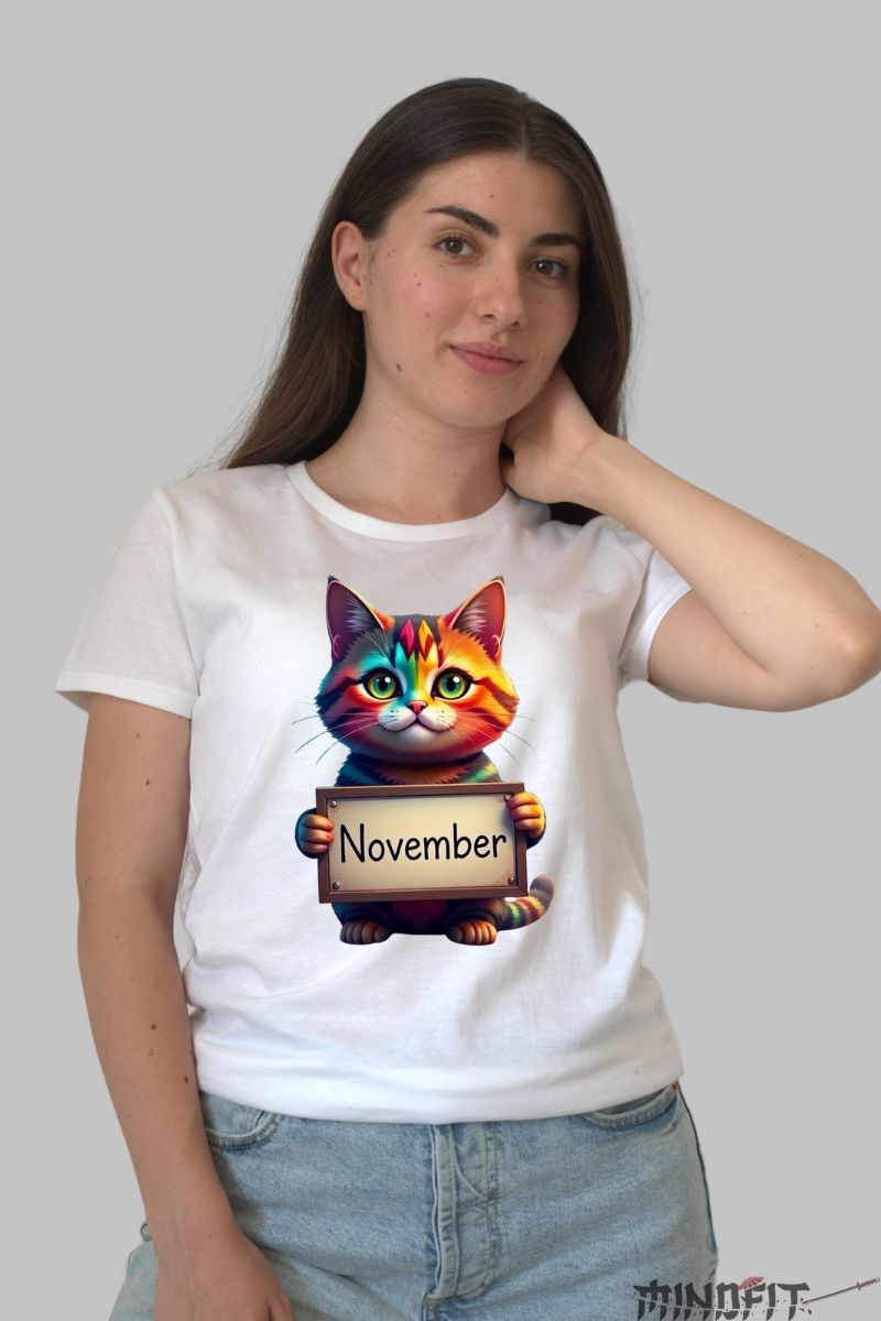 Tricou cu Pisica Multicolora "November" dama alb fata