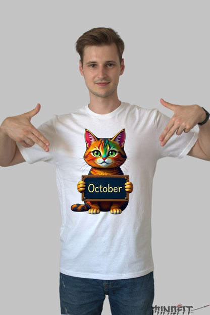 Tricou cu Pisica Multicolora "October" barbat alb fata