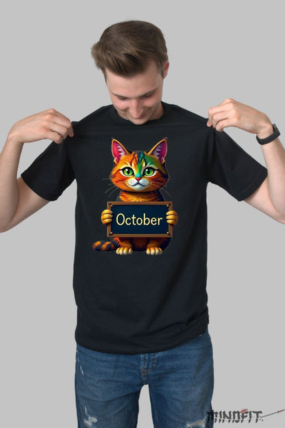 Tricou cu Pisica Multicolora "October" barbat negru fata