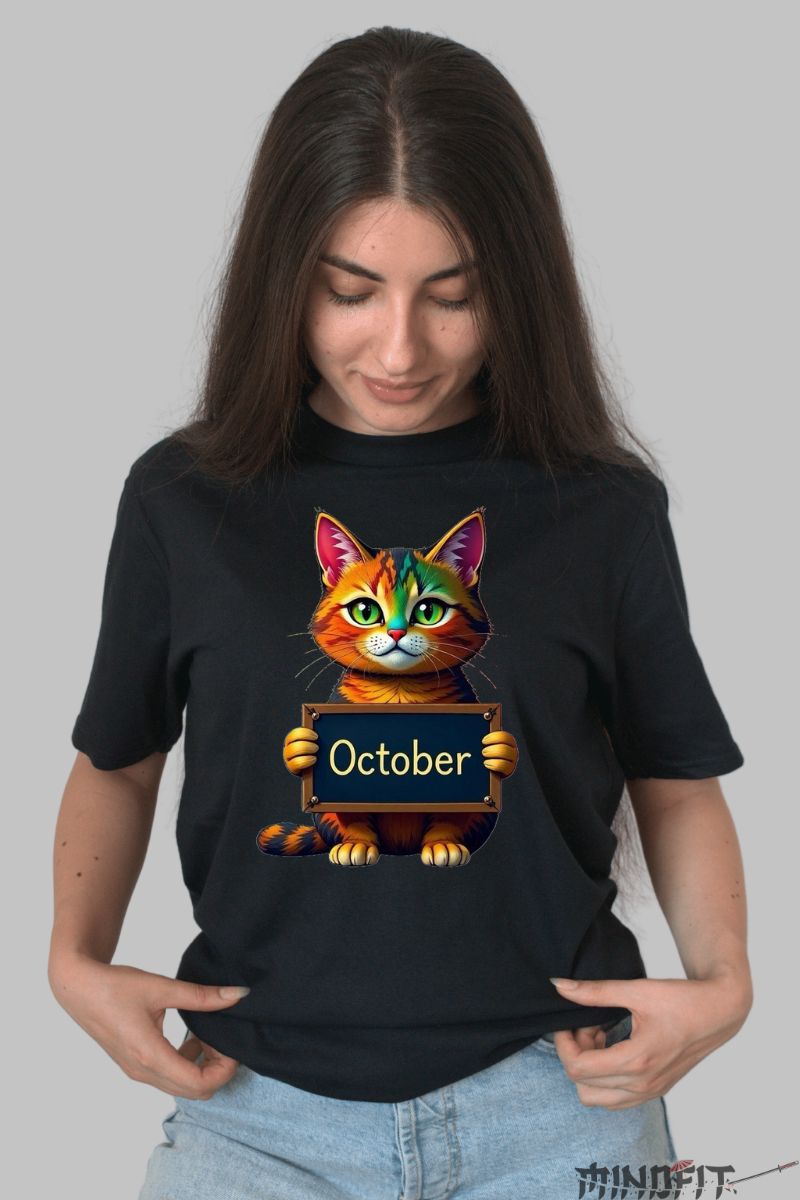 Tricou cu Pisica Multicolora "October" dama negru fata