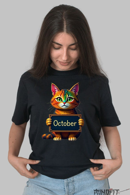Tricou cu Pisica Multicolora "October" dama negru fata