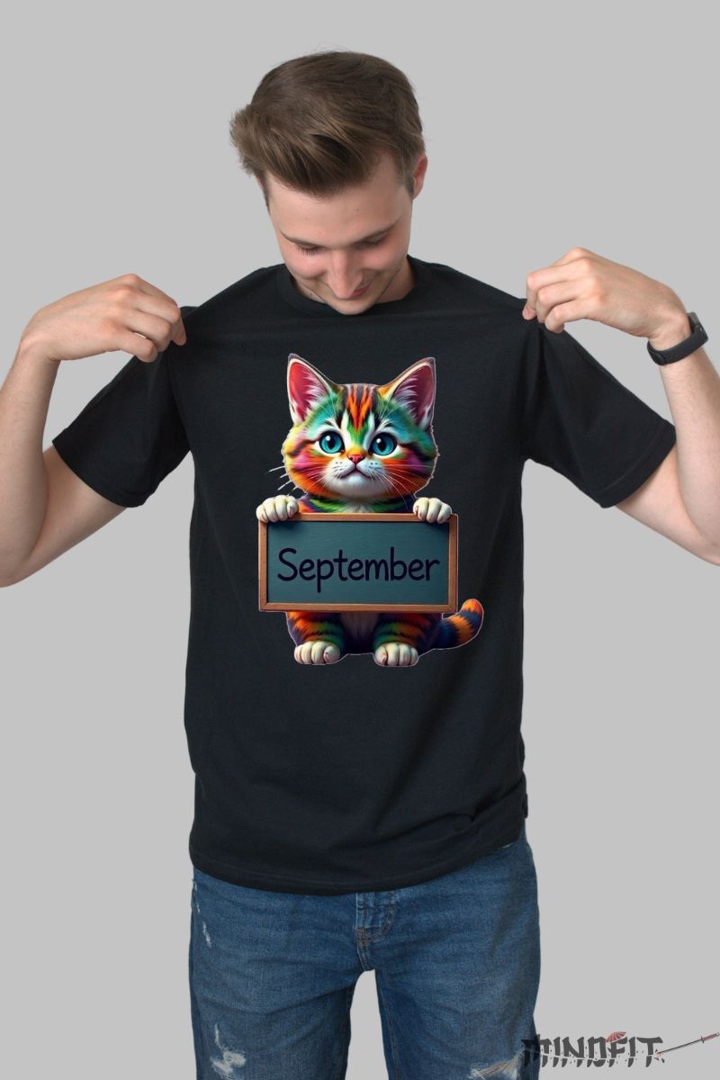 Tricou cu Pisica Multicolora "September" barbat negru fata