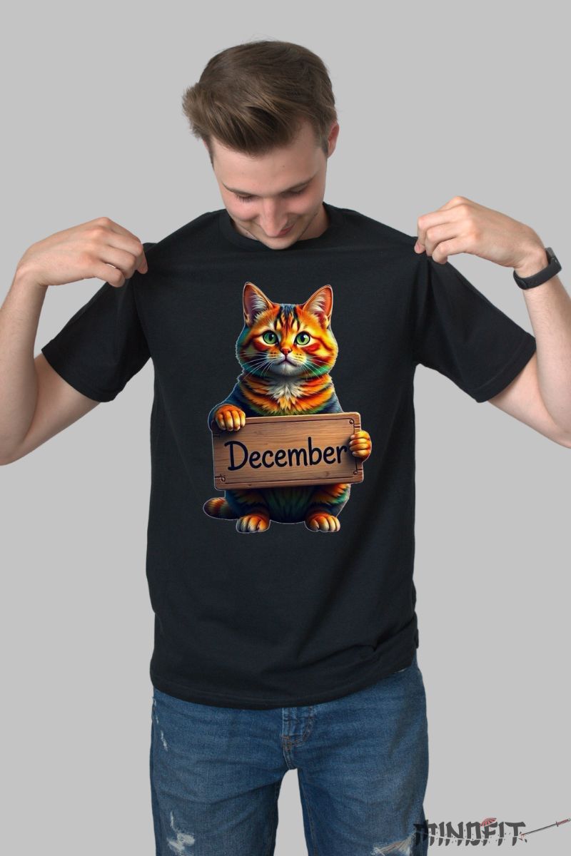 Tricou cu Pisica Multicolora "December" barbat negru fata