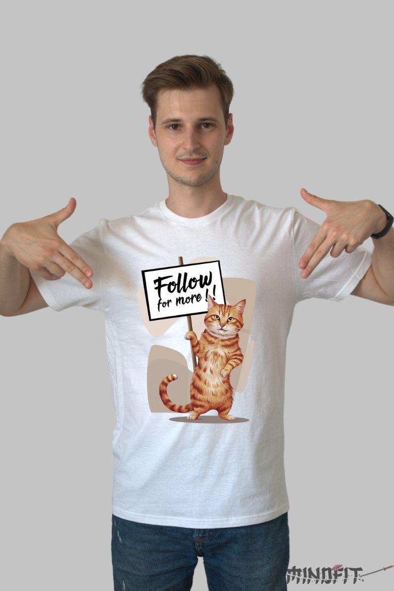 Tricou cu Pisica Portocalie "Follow For More!" barbat alb fata