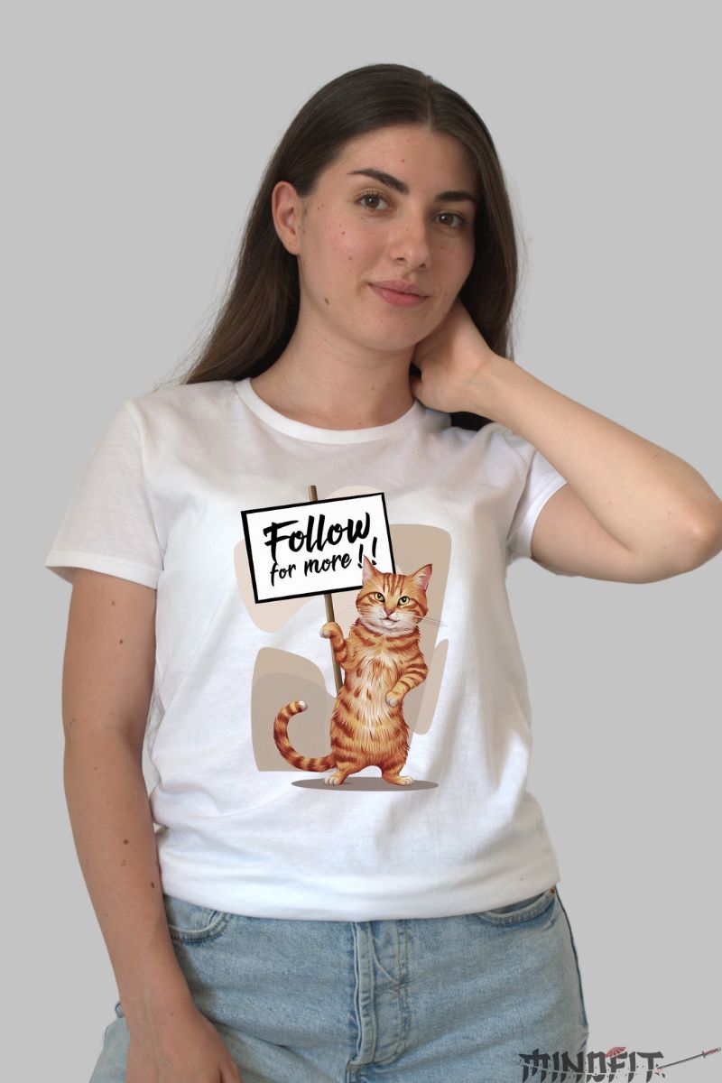 Tricou cu Pisica Portocalie "Follow For More!" dama alb fata