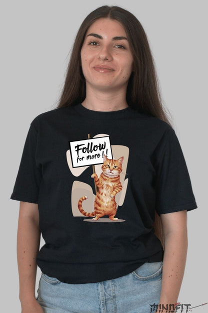 Tricou cu Pisica Portocalie "Follow For More!" dama negru fata