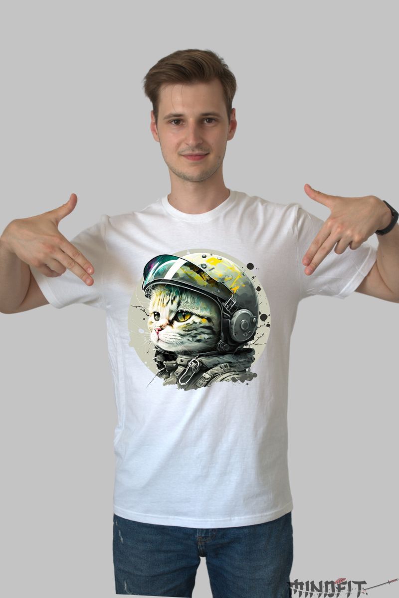 Tricou cu Pisica Razboinica barbat alb fata