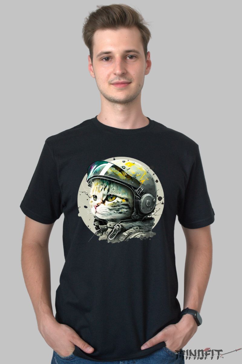 Tricou cu Pisica Razboinica barbat negru fata