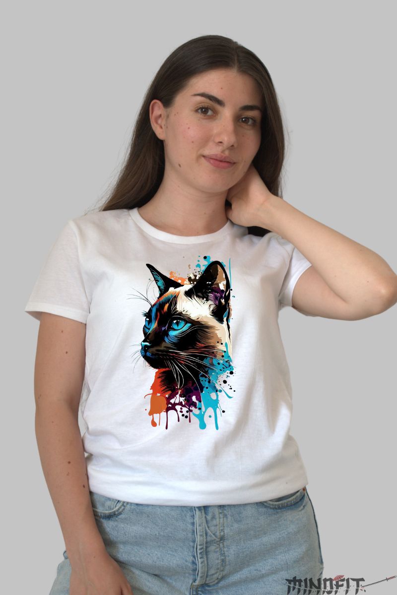 Tricou cu Pisica Siameza dama alb fata