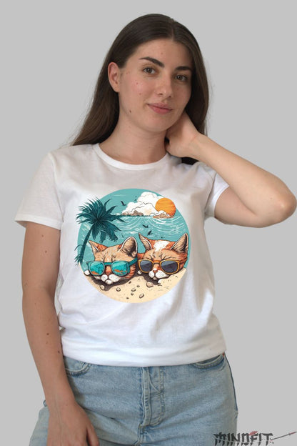 Tricou cu Pisica Summer Vibes dama alb fata