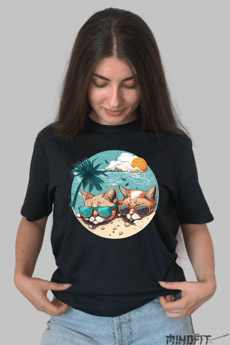 Tricou cu Pisica Summer Vibes dama negru fata