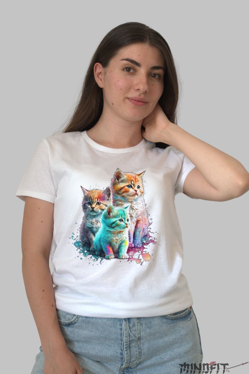 Tricou cu Pisici 3D Multicolore dama alb fata