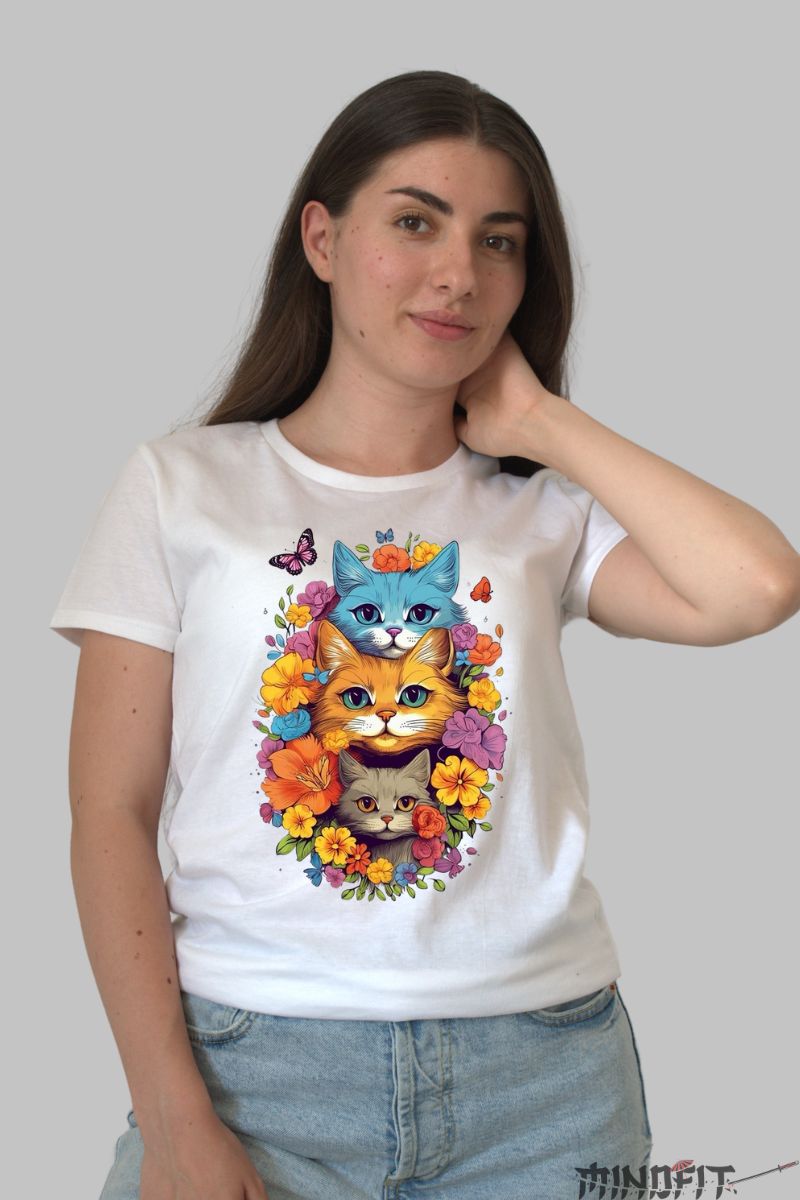 Tricou cu Pisici 3D Spring Vibes dama alb fata