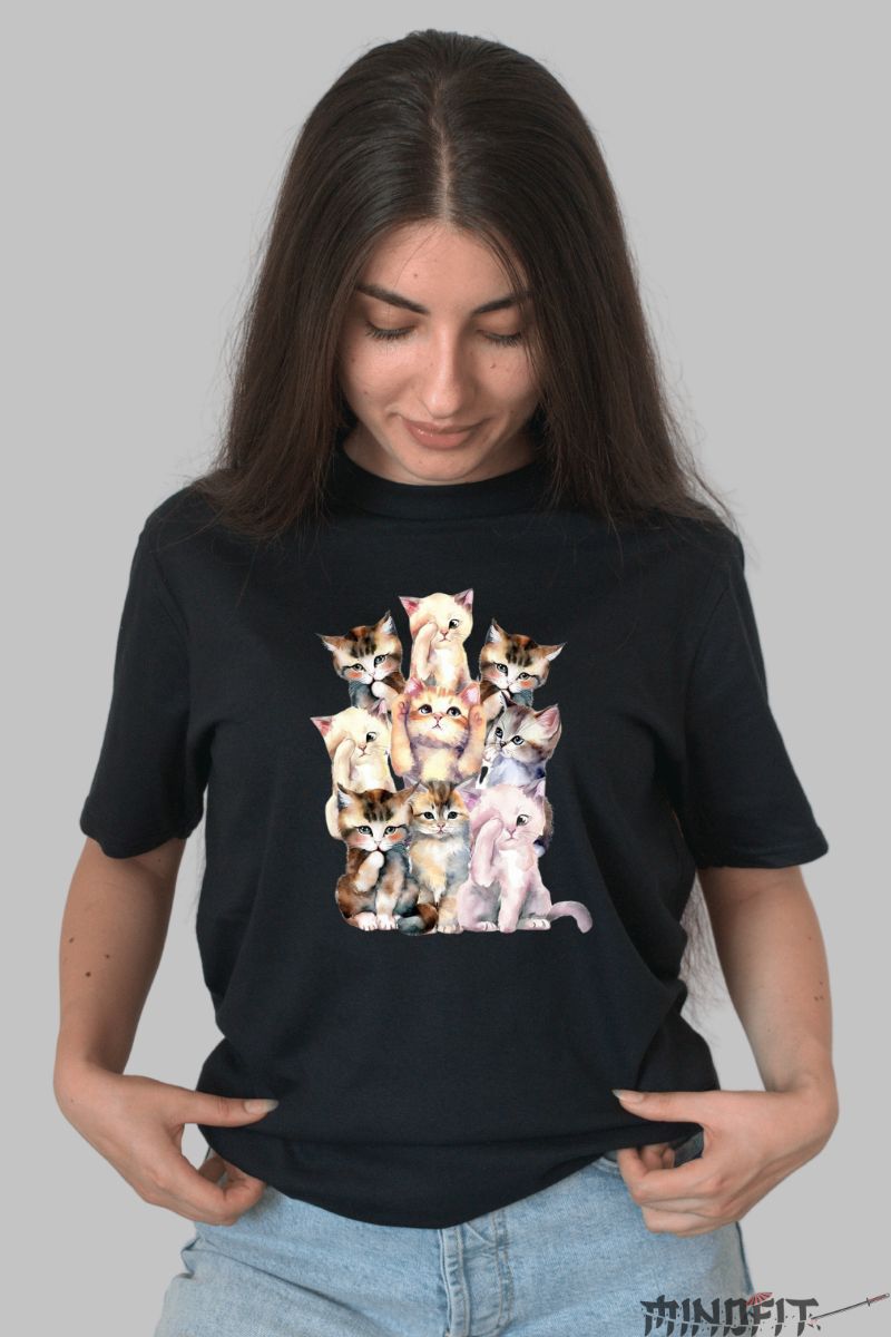 Tricou cu Pisici Piramida dama negru fata
