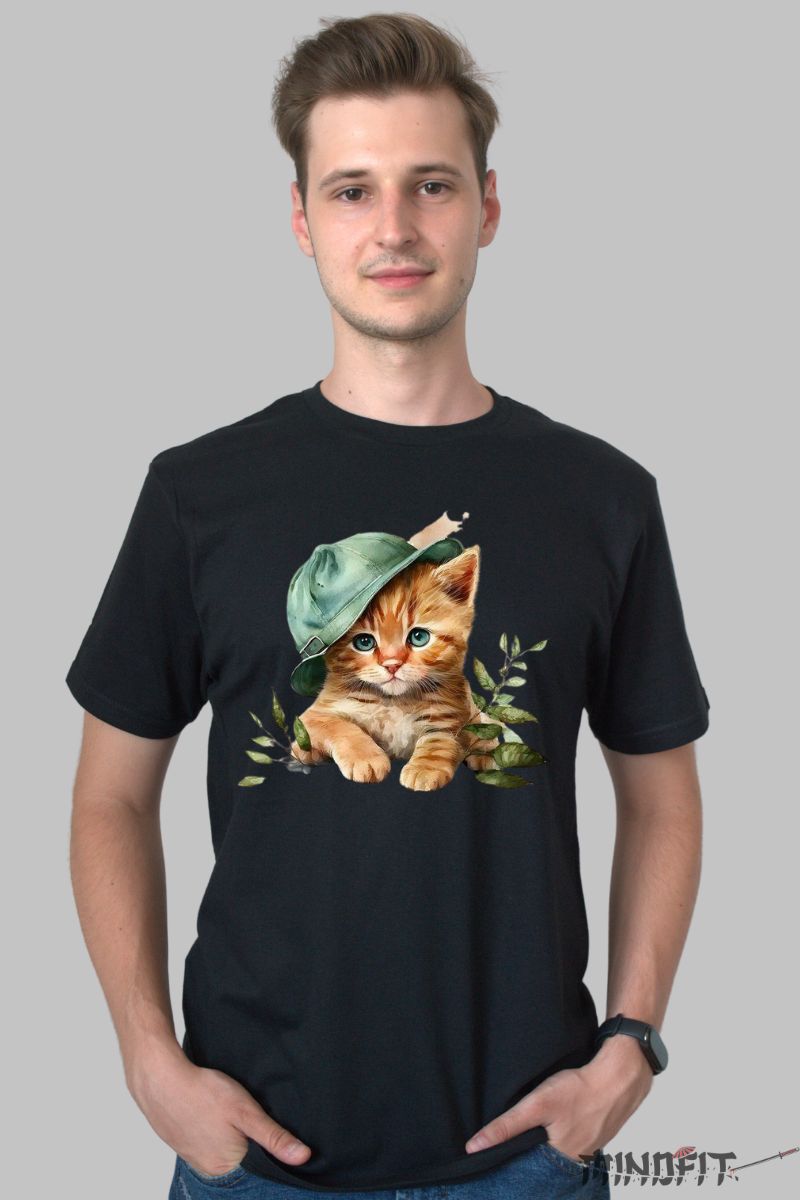 Tricou cu Pui de Pisica Portocaliu barbat negru fata