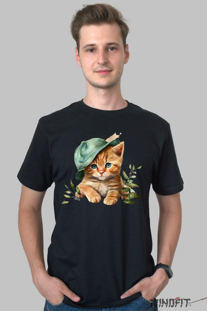 Tricou cu Pui de Pisica Portocaliu barbat negru fata