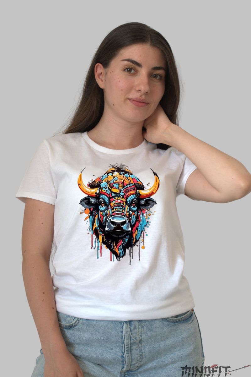 Tricou cu Taur Multicolor dama alb fata