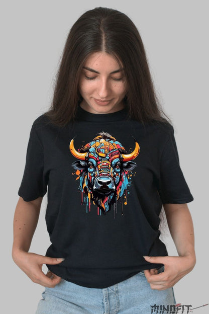 Tricou cu Taur Multicolor dama negru fata