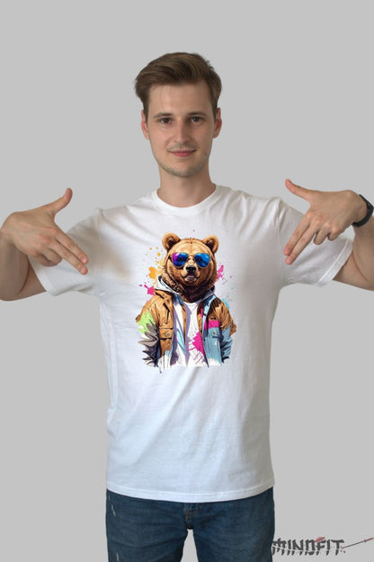 Tricou cu Urs Cool barbat alb fata