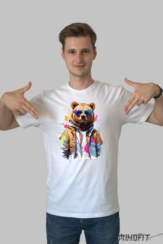 Tricou cu Urs Cool barbat alb fata