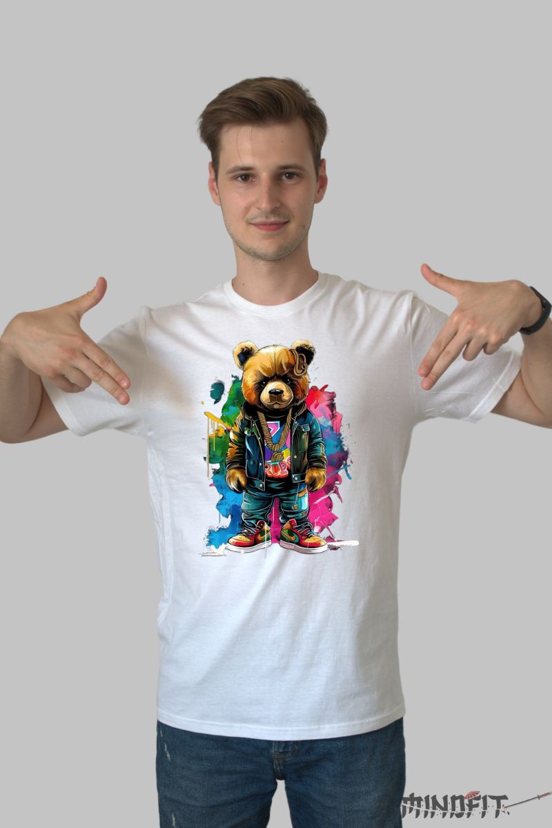 Tricou cu Urs Viu Colorat barbat alb fata