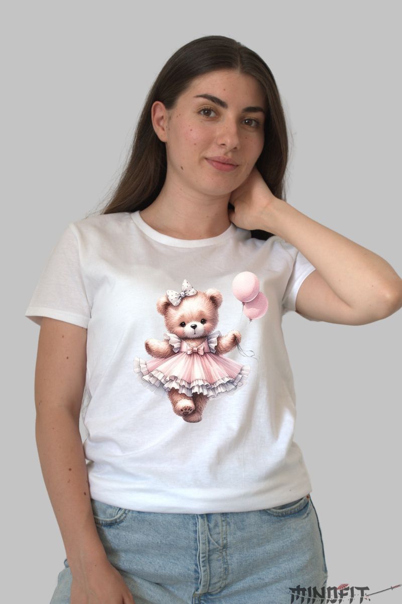Tricou cu Ursulet Roz dama alb fata