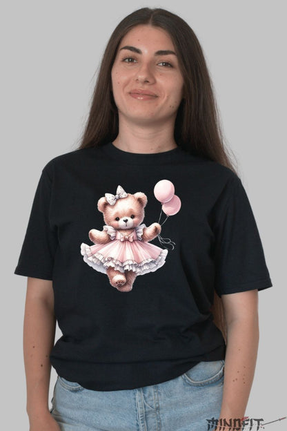 Tricou cu Ursulet Roz dama negru fata
