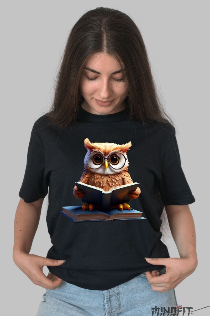 Tricou personalizat Bufnita ochelari dama negru fata