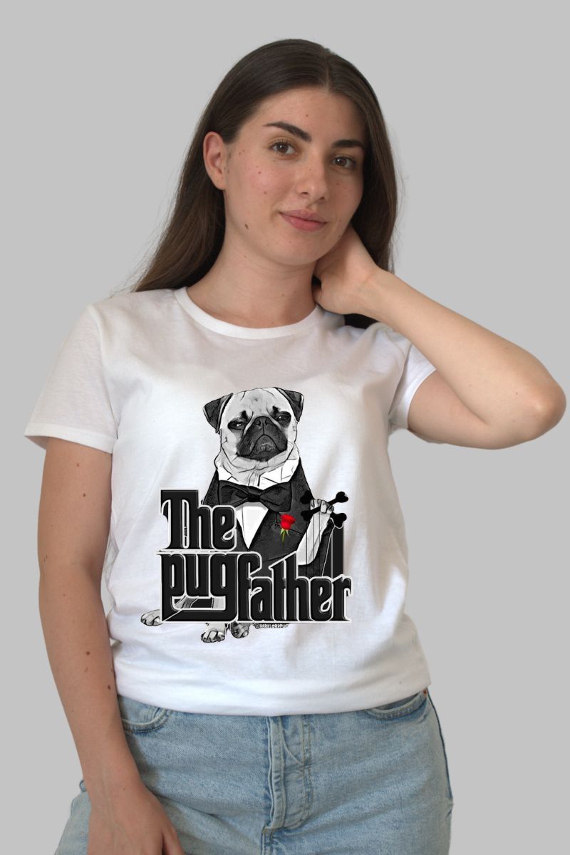 Tricou personalizat caine Pug dama alb