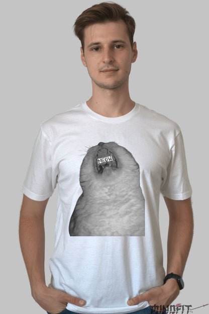 Tricou Cu Pisica Meow barbat alb fata