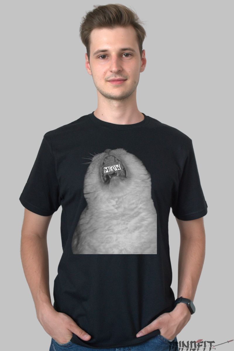 Tricou Cu Pisica Meow barbat negru fata