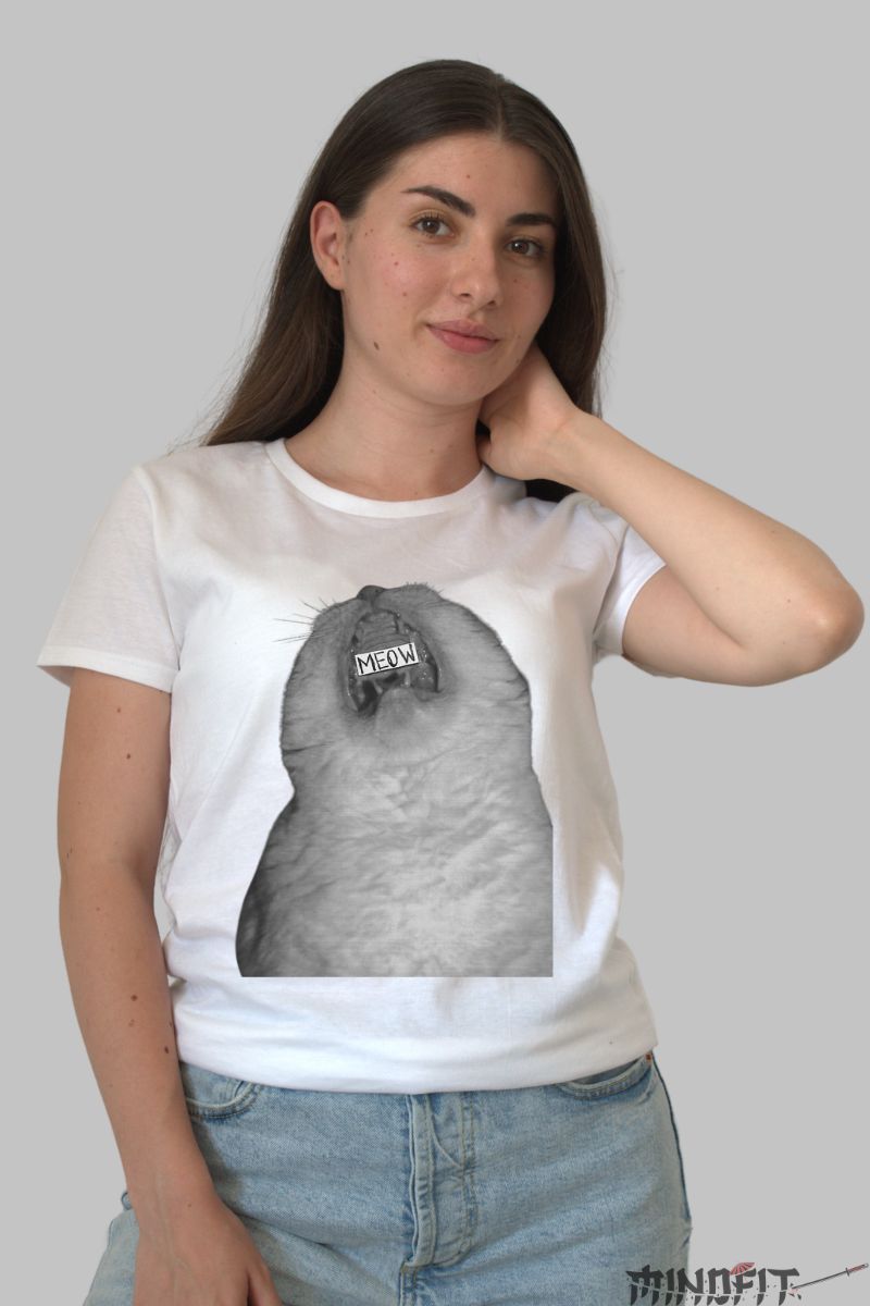 Tricou Cu Pisica Meow dama alb fata