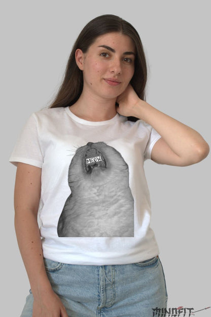 Tricou Cu Pisica Meow dama alb fata