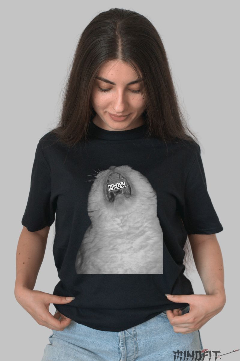 Tricou Cu Pisica Meow dama negru fata
