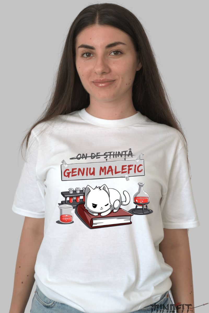 Tricou personalizat pisica comica geniu dama alb fata