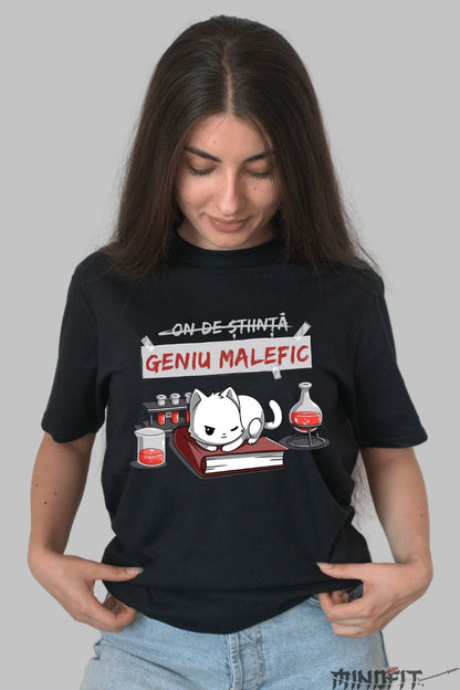 Tricou personalizat pisica comica geniu dama negru fata