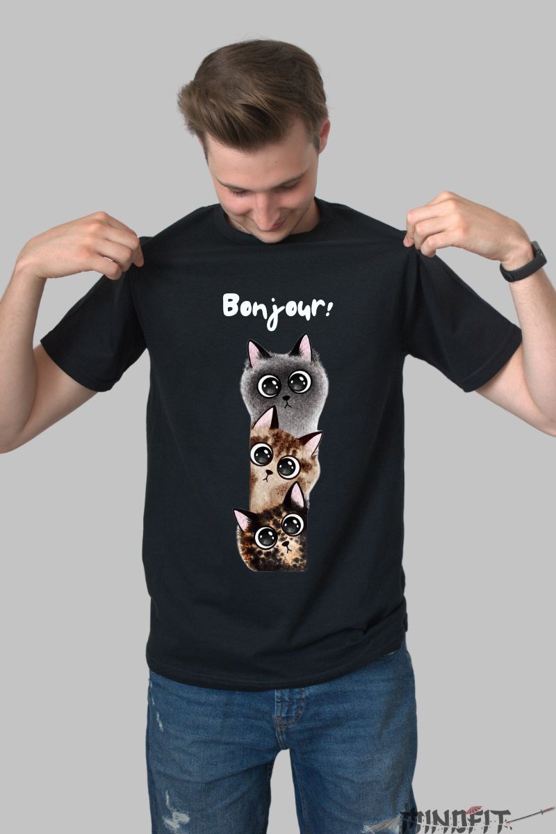 Tricou personalizat pisici dragute si pufoase barbat negru fata