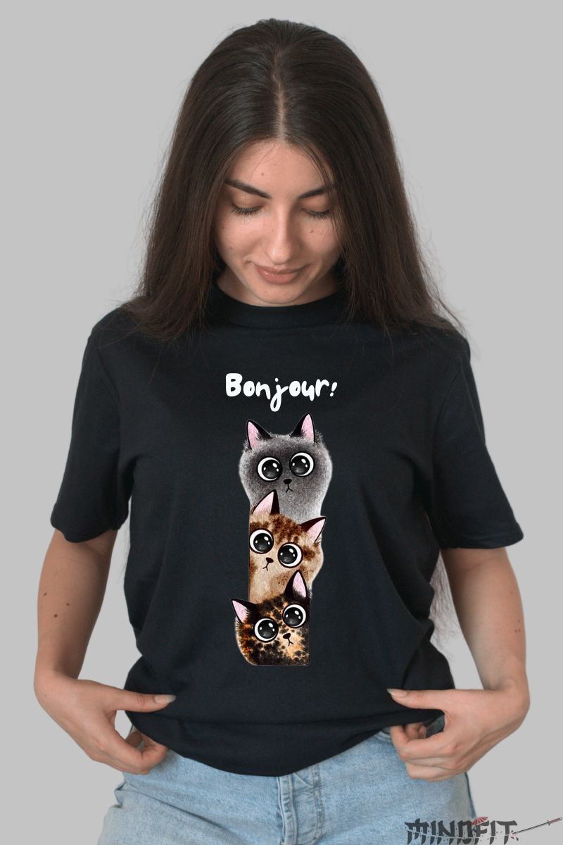 Tricou personalizat pisici dragute si pufoase dama negru fata