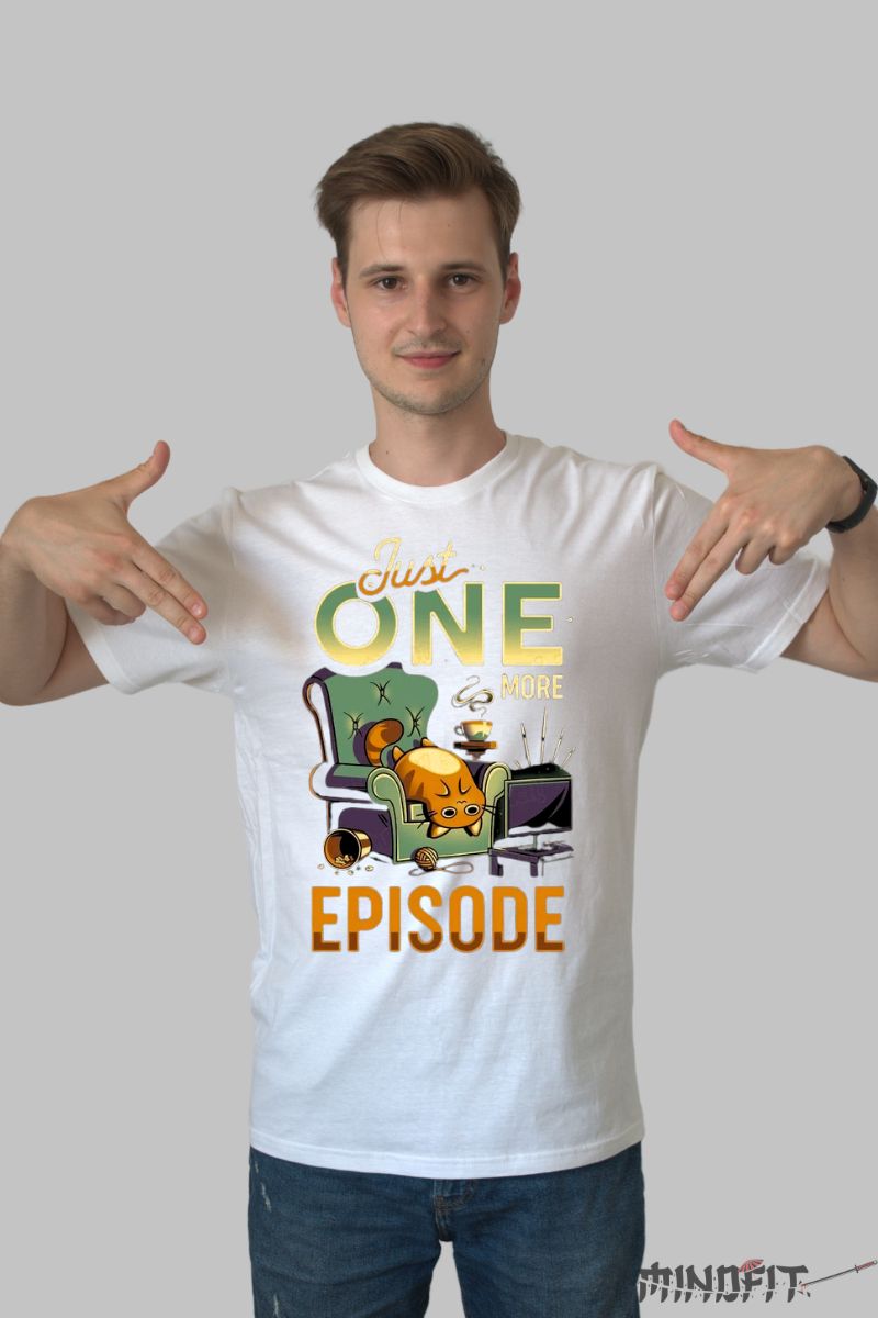 Tricou Pisica Just One More Episode barbat alb fata
